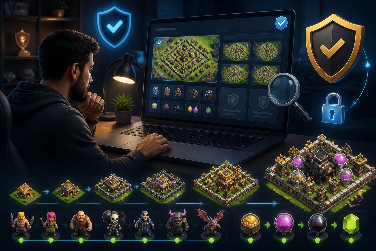 A gamer reviews a secure marketplace for strategy game accounts while viewing a fortified village and account progression on a laptop.