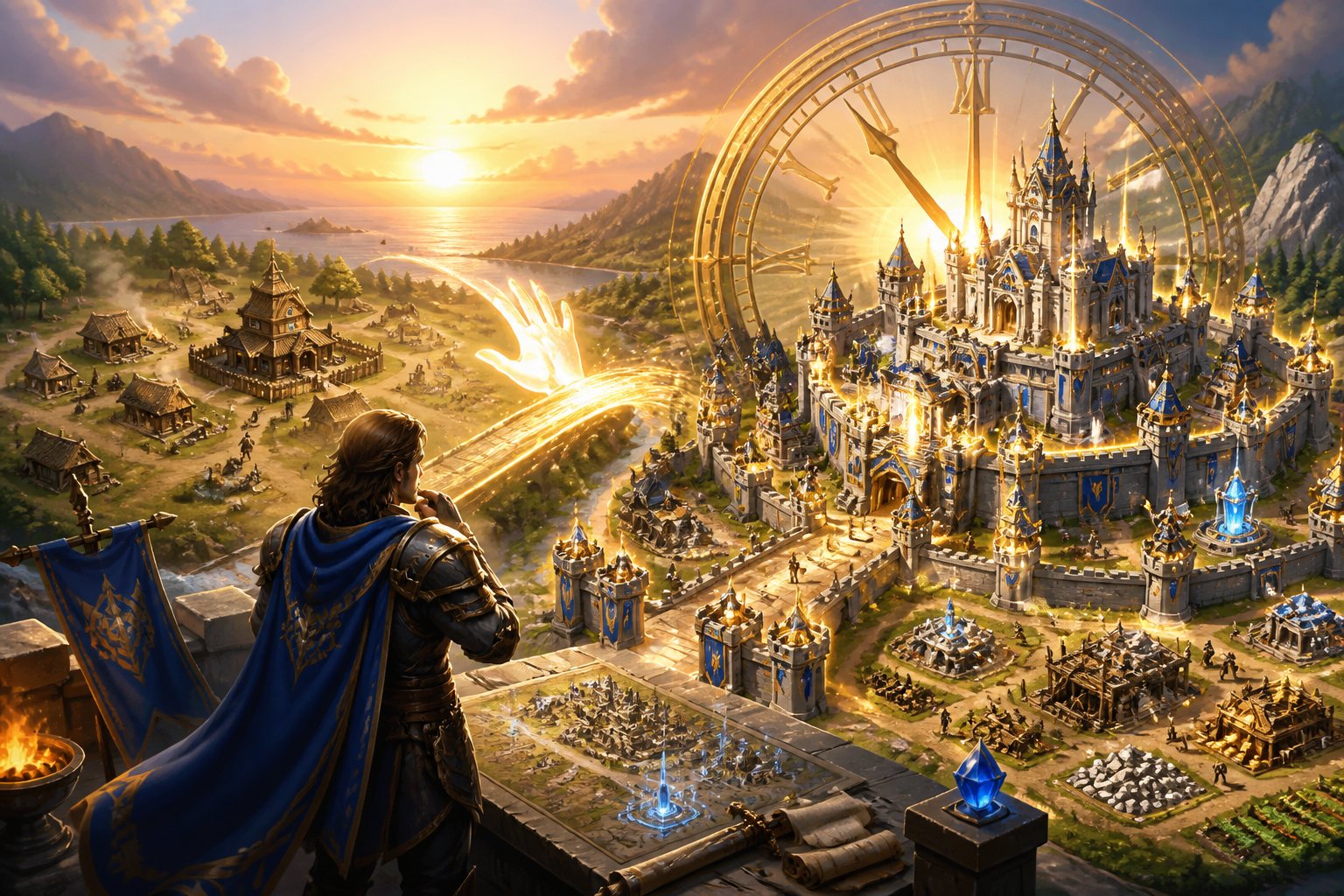 A fantasy village rapidly developing as a hero moves from a modest settlement toward a fortified, advanced stronghold.