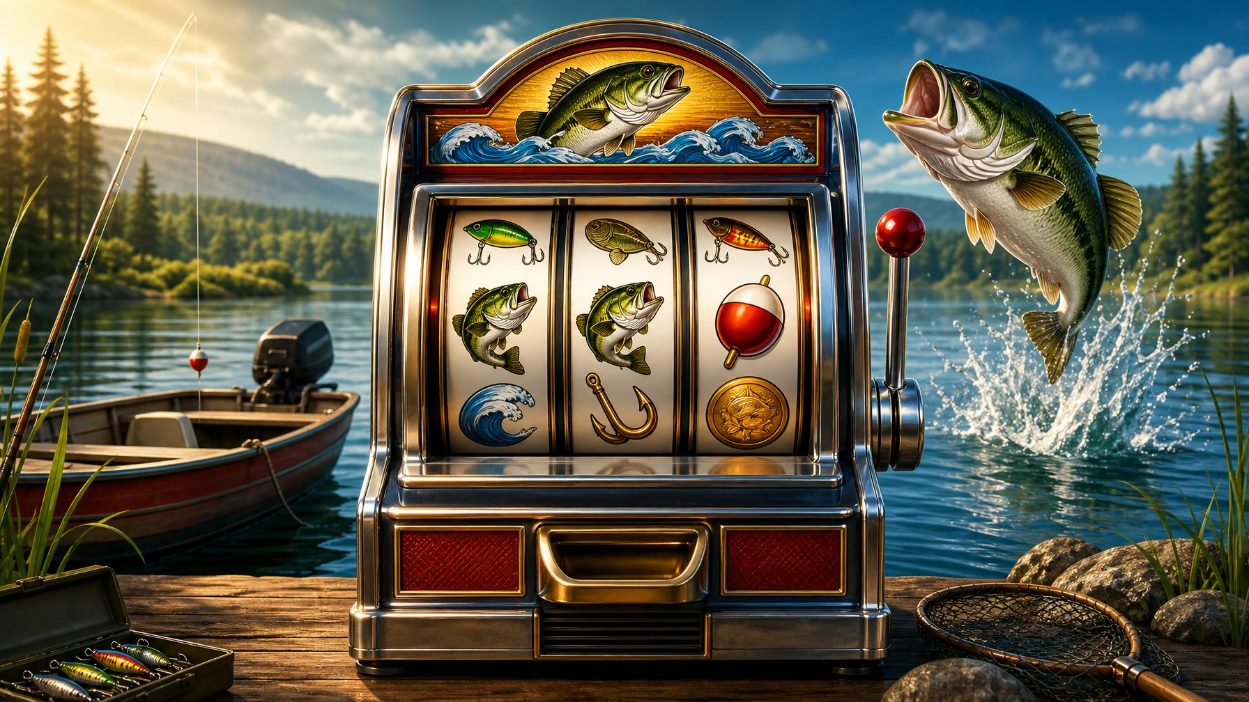 A ThreeReel FishingThemed Slot Machine Stands Beside A Scenic Lake With A Jumping Bass, Reeds, And A Small Boat.