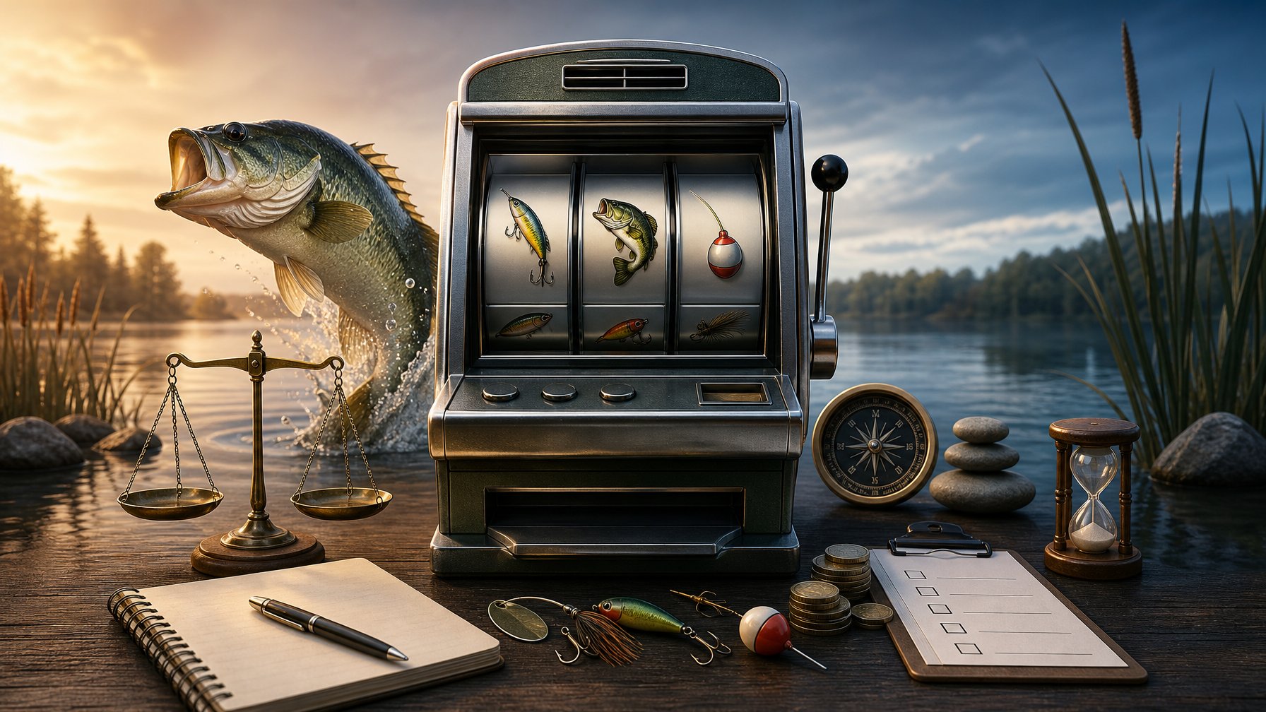A FishingThemed ThreeReel Slot Machine Beside A Bass Fish, Lake Elements, And Balanced DecisionMaking Symbols.