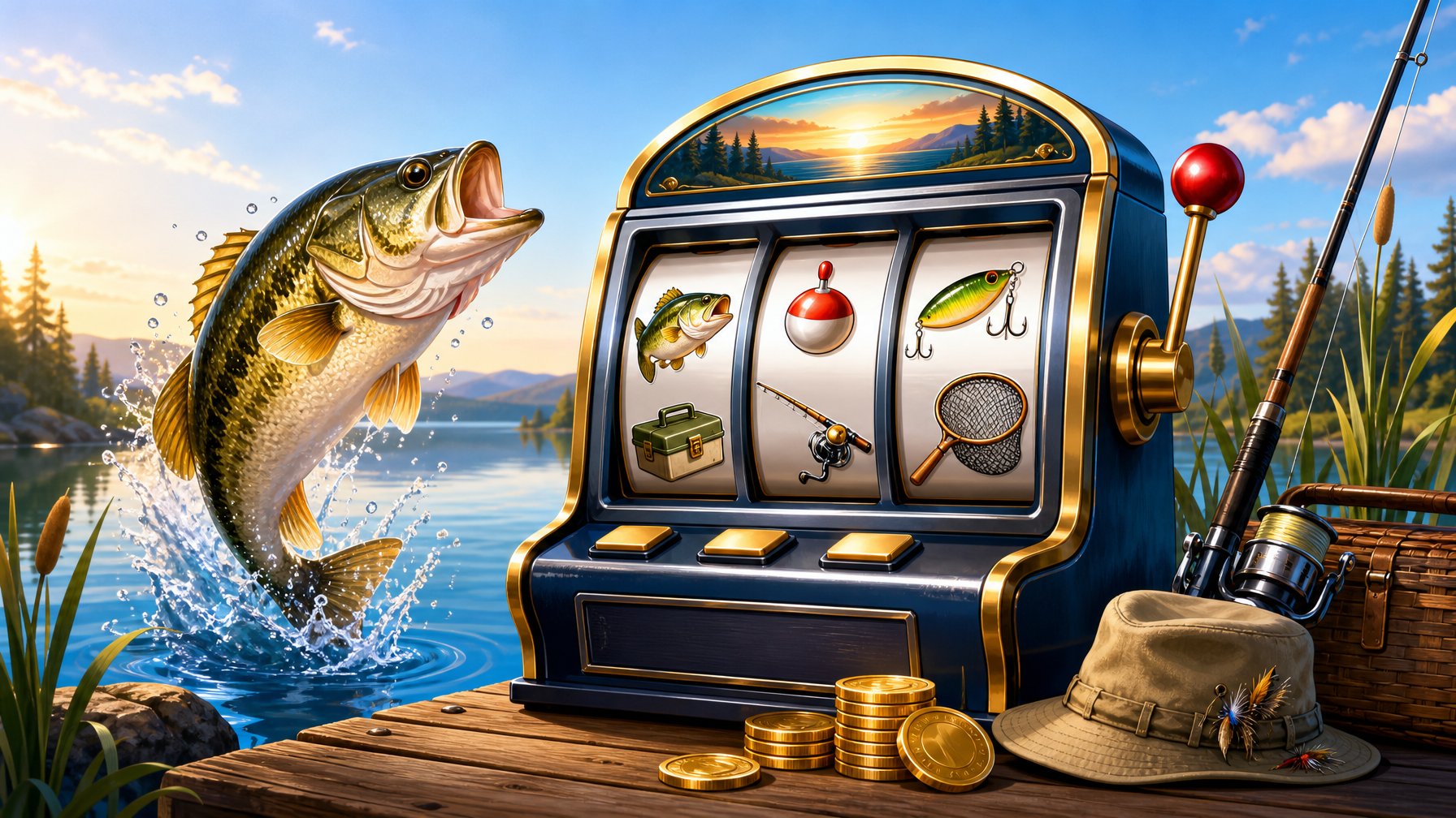 A Colorful FishingThemed Slot Machine Beside A Leaping Bass Fish On A Lakeside Dock.