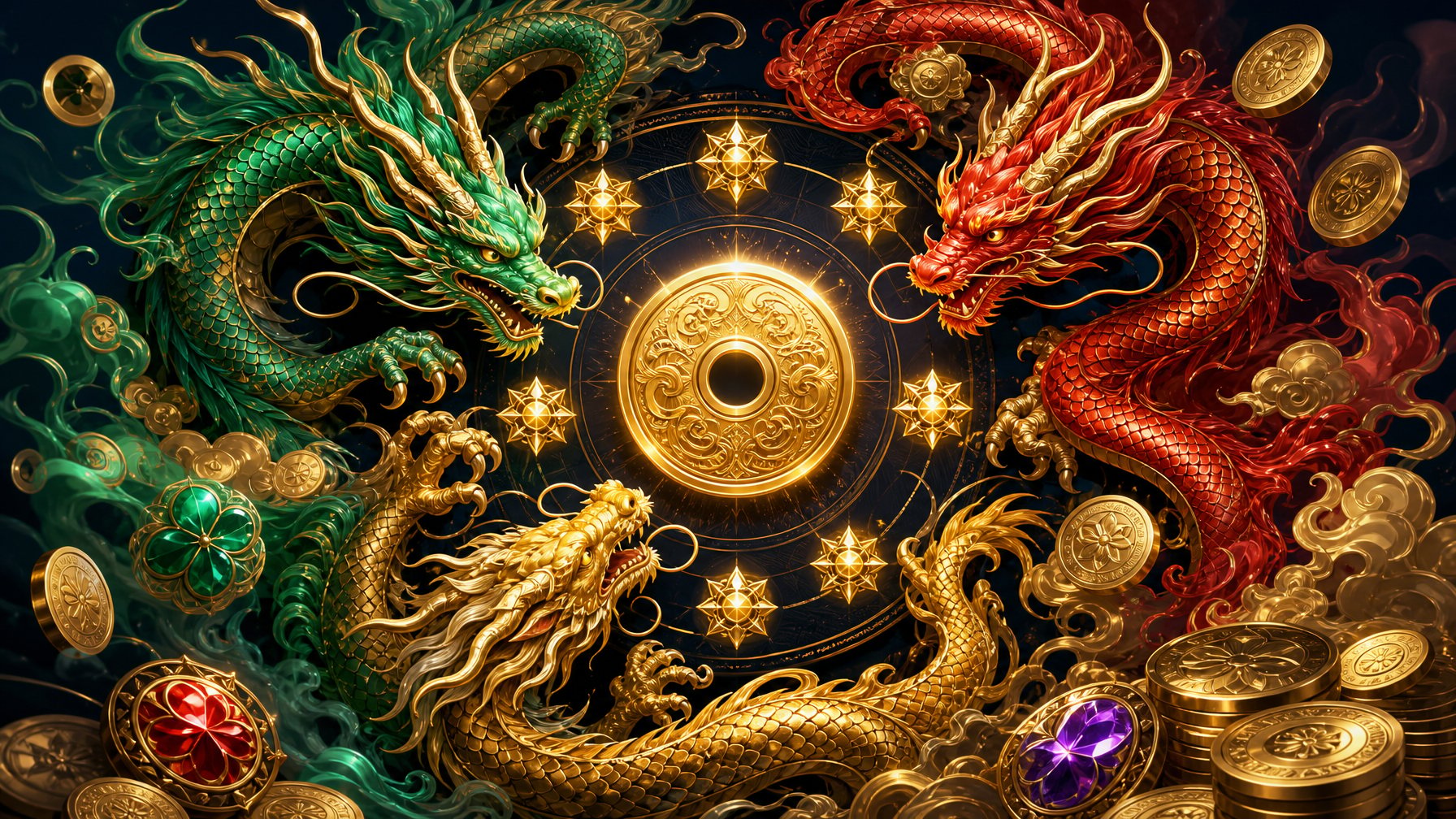 Three Ornate Dragons Circle A Glowing Golden Coin Amid Clouds, Jewels, And Colorful CasinoInspired Symbols.