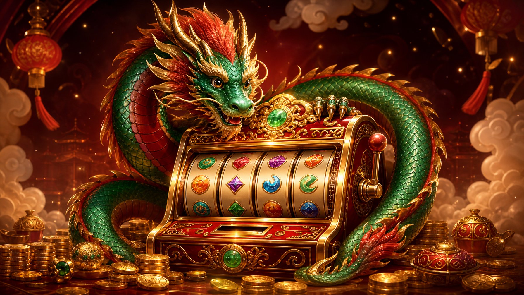 A Golden Slot Machine Surrounded By A Colorful ChineseInspired Dragon, Coins, Clouds, And Glowing Lanterns.