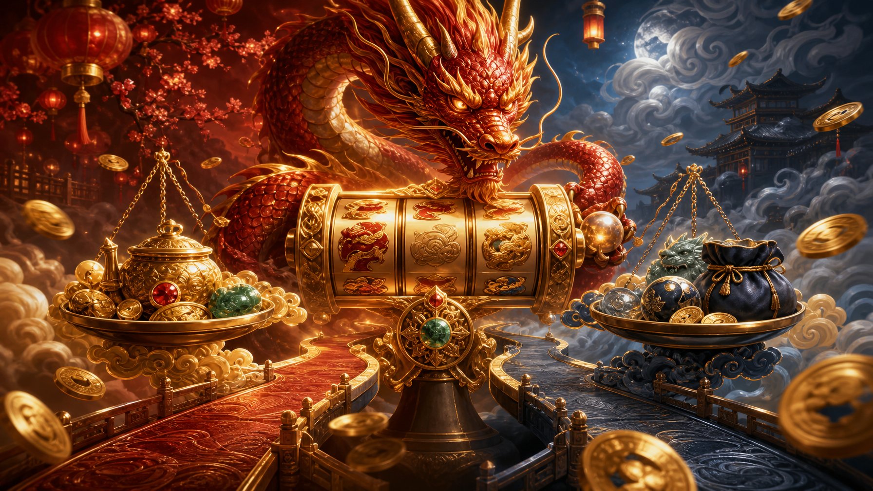 A RedAndGold Dragon Coils Around Ornate Golden Slot Reels In A Glowing Fantasy Casino Scene.