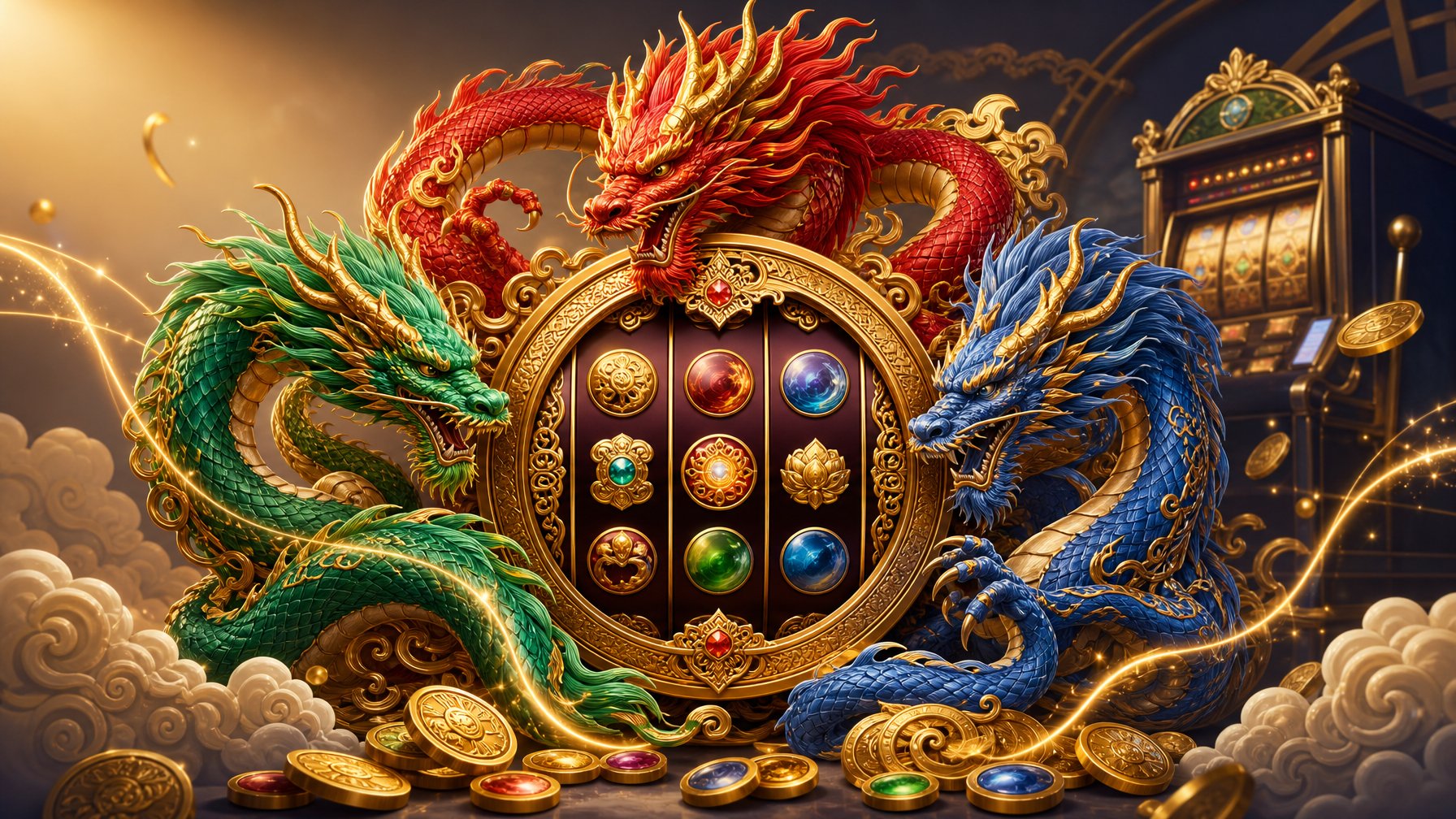 Three Colorful Dragons Surround An Ornate Gold SlotMachine Medallion In A Fantasy Casino Scene.