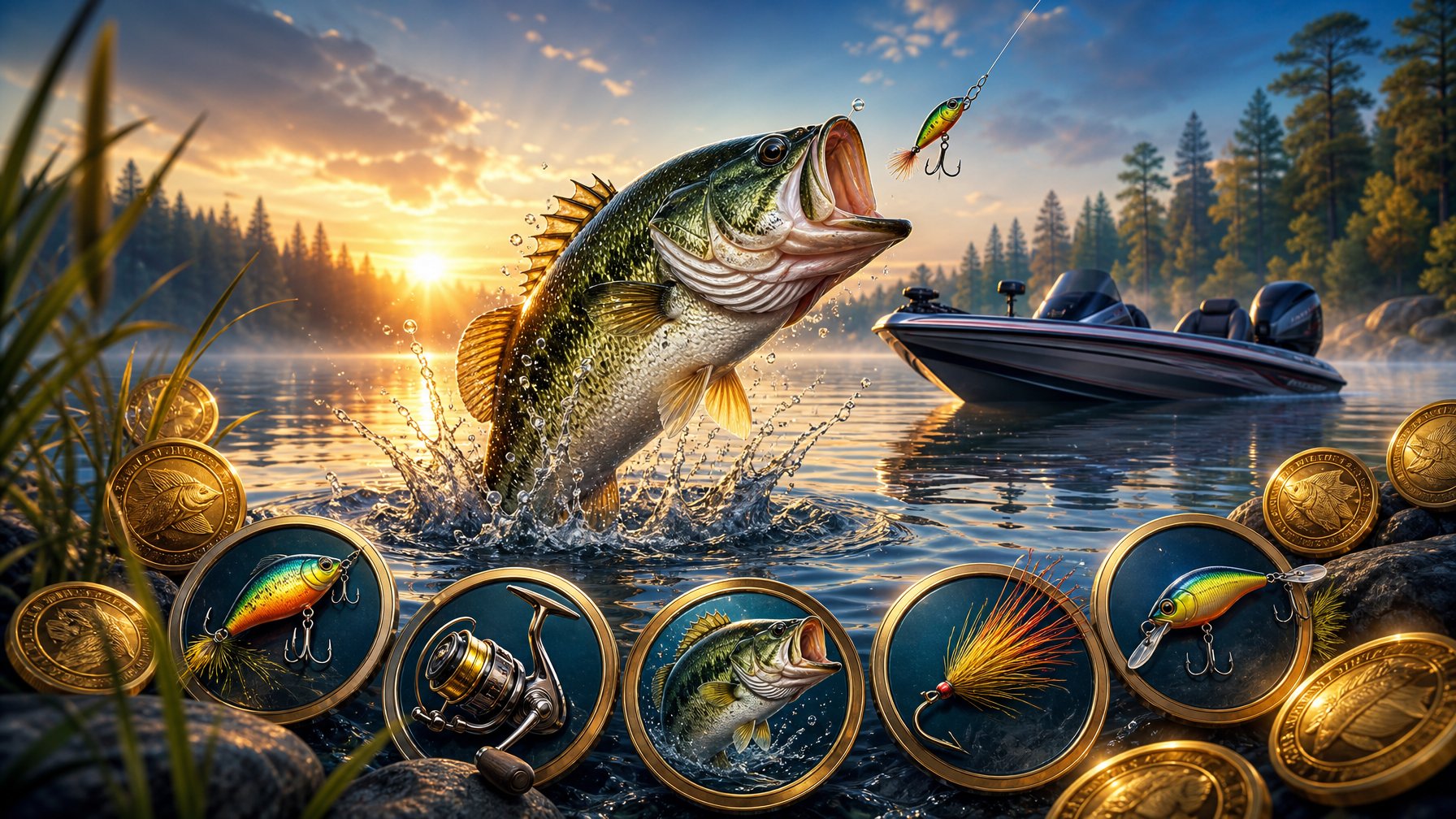 A Large Bass Leaps From A Sunlit Lake Surrounded By Fishing Gear, Glowing Coins, And Subtle ReelInspired Elements.
