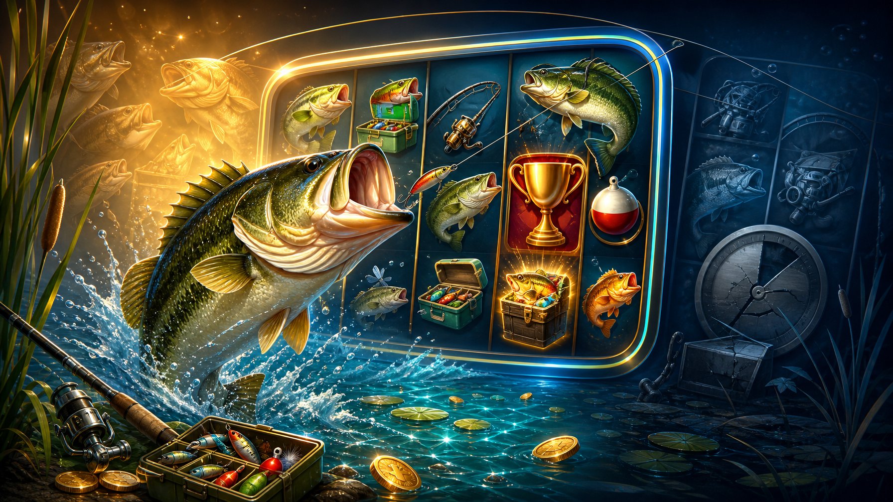 A Leaping Bass Above Sparkling Water With Abstract Slot Reels And FishingThemed Rewards In The Background.
