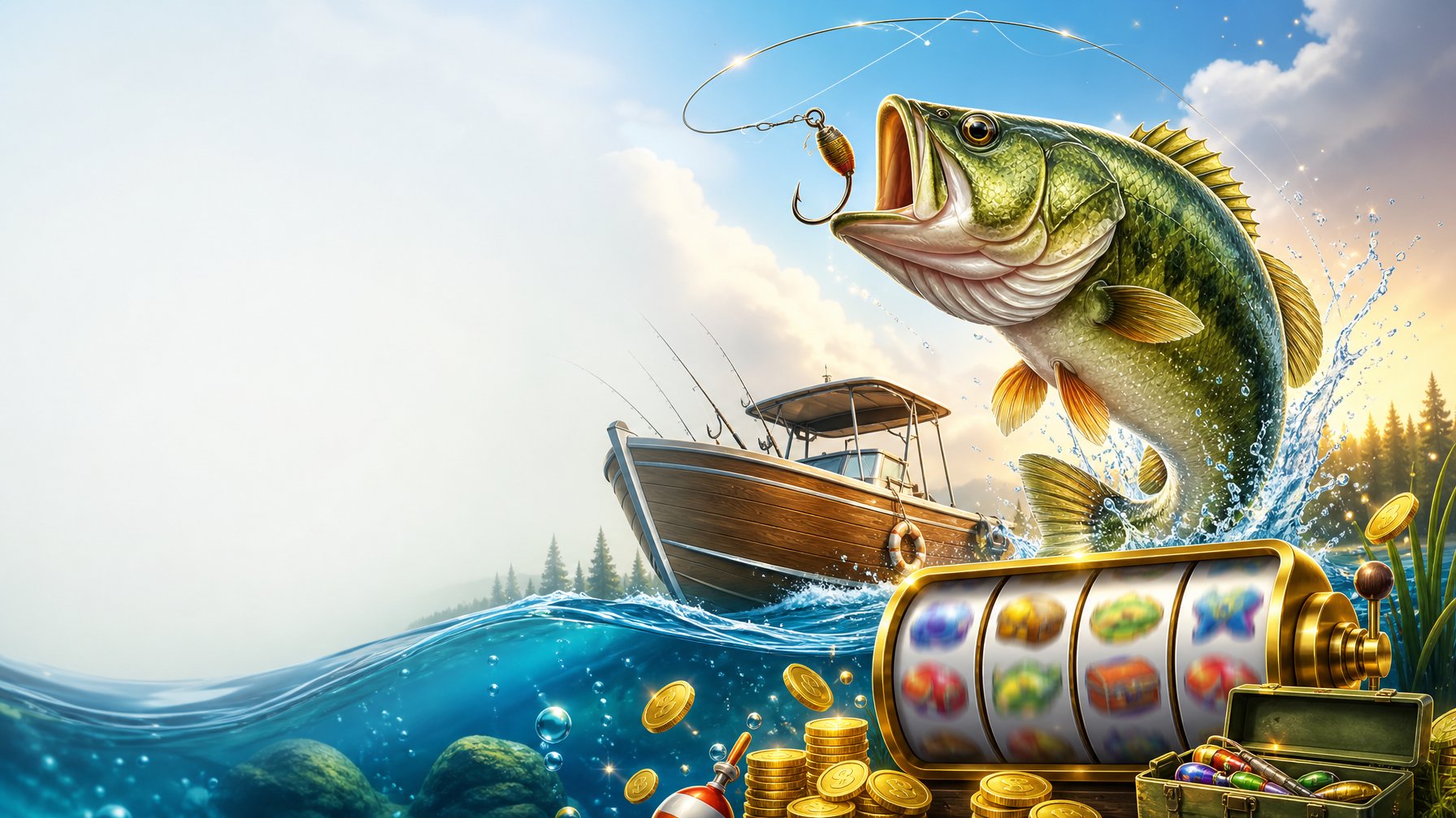 A Large Bass Leaps From Sparkling Water Beside A Fishing Boat, With Glowing Slot Reels And Coins In The Background.