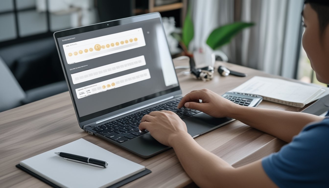 Seorang pemula mempelajari permainan Sic Bo online di meja kerja dengan laptop, dadu, buku catatan, dan kalkulator.