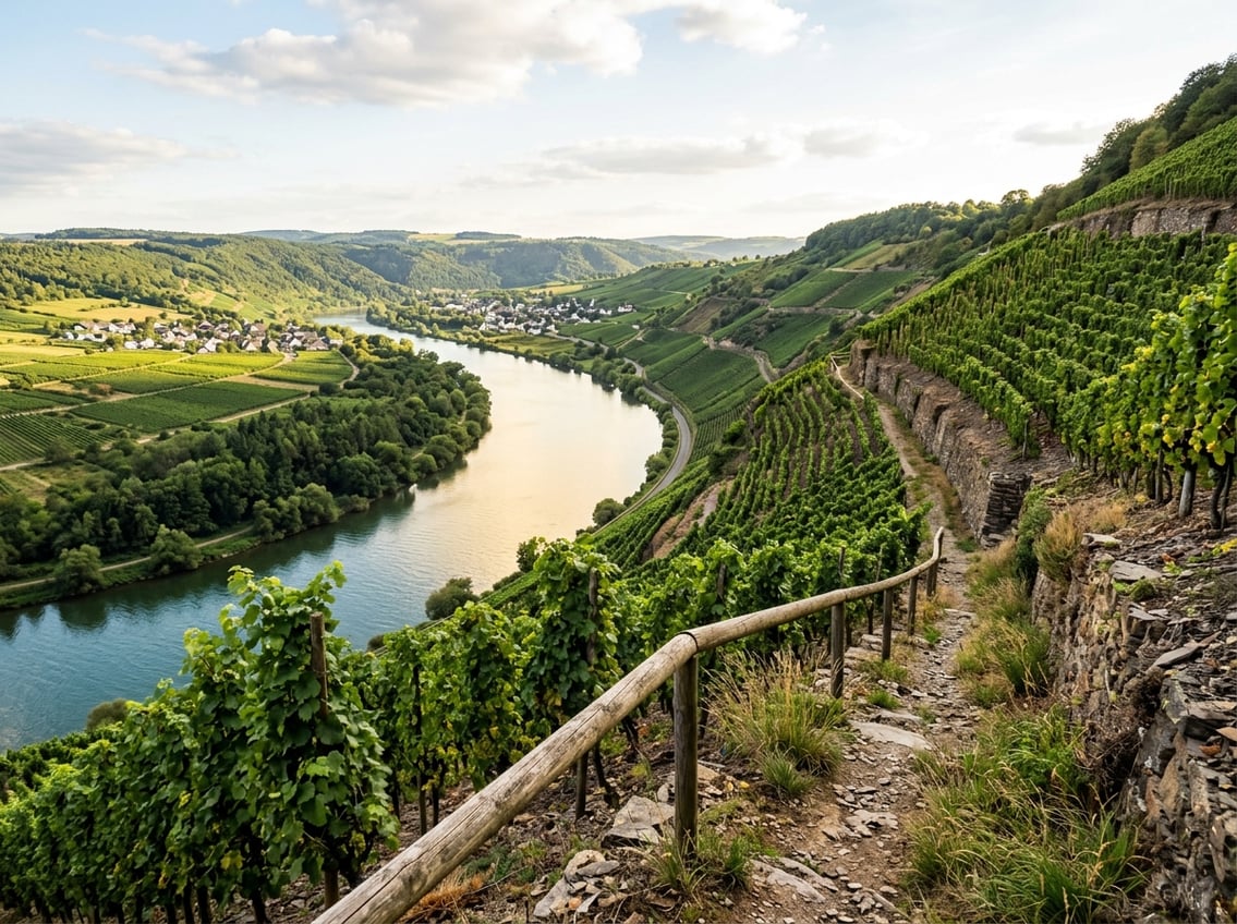 Blick über Weinbergpfade und terrassierte Rebhänge auf die Moselschleife bei Bremm und den steilen Calmont.