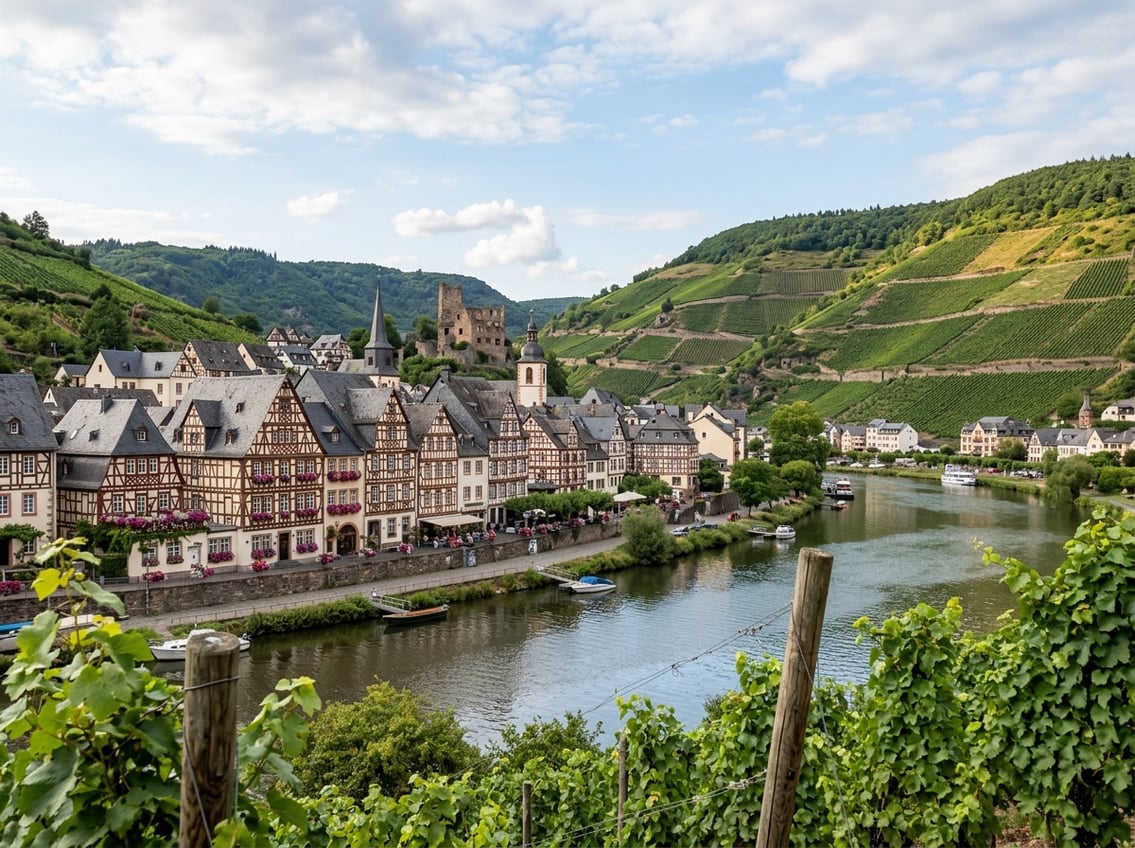 Historische Fachwerkhäuser von Bernkastel-Kues am Ufer der Mosel, umgeben von grünen Riesling-Weinbergen.