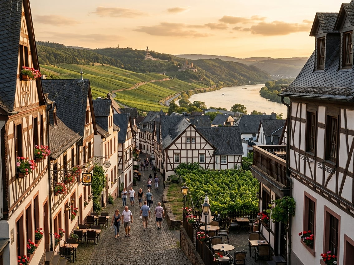 Historische Gasse in Rüdesheim mit Fachwerkhäusern, Weinbergen und Blick über den Rhein.