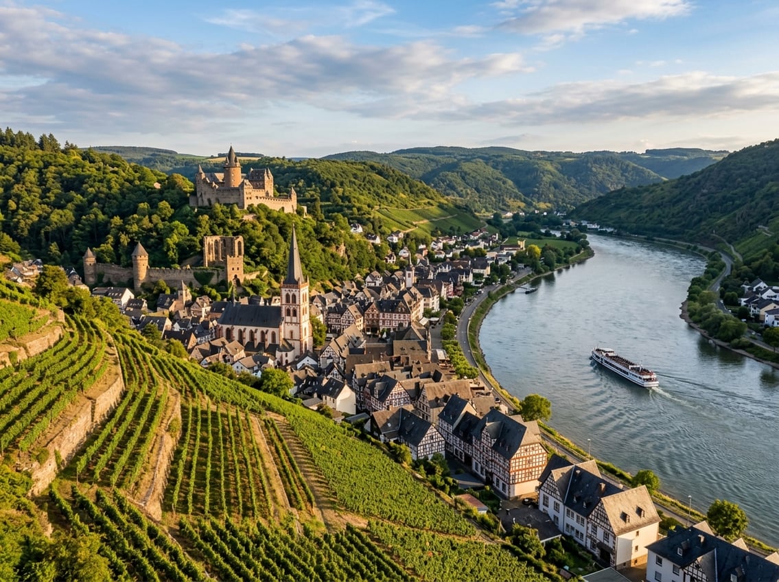 Panorama von Bacharach am Rhein mit Fachwerkhäusern, Weinbergen und einer mittelalterlichen Burg.