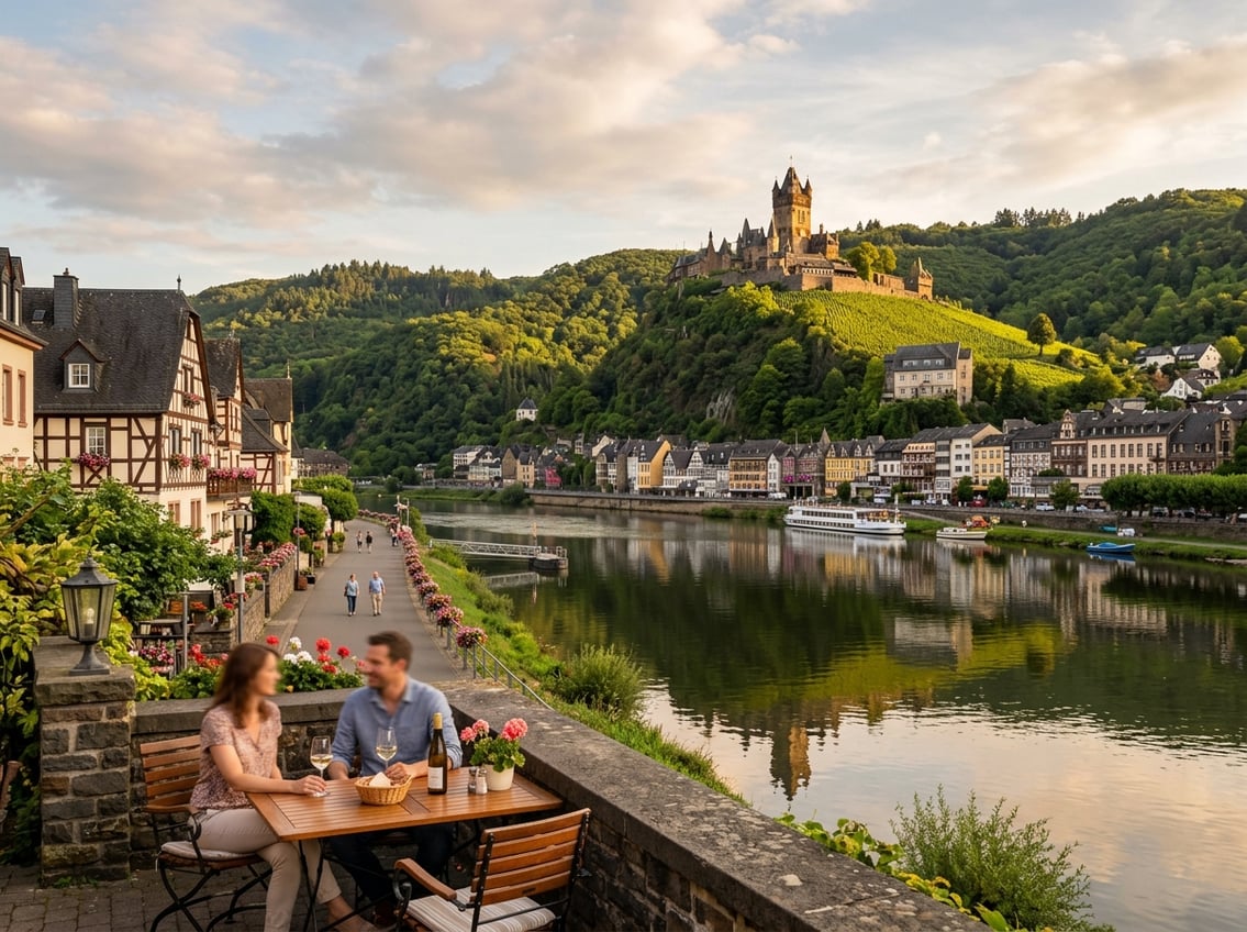 Blick auf die Reichsburg Cochem über der Mosel mit Uferpromenade und Weinbergen.