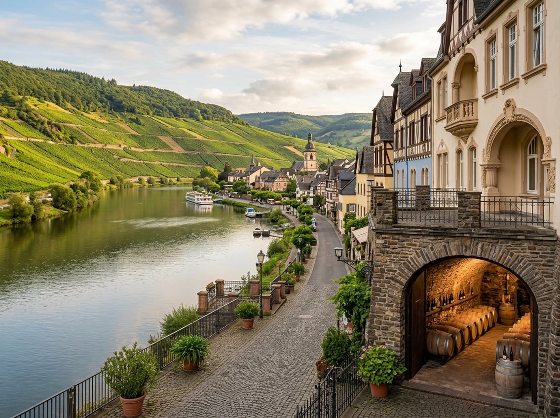 Historische Gebäude, ein Weinkeller, die Mosel und Weinberge bei Traben-Trarbach.