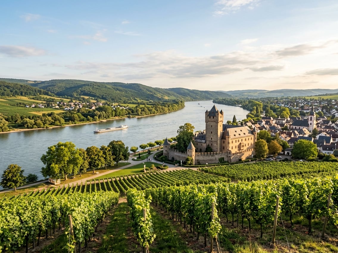 Die Kurfürstliche Burg in Eltville am Rhein liegt neben Weinbergen am Ufer des Rheins.