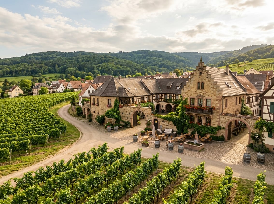 Historische Winzerhöfe in Deidesheim, umgeben von Weinbergen und bewaldeten Hügeln der Pfalz.