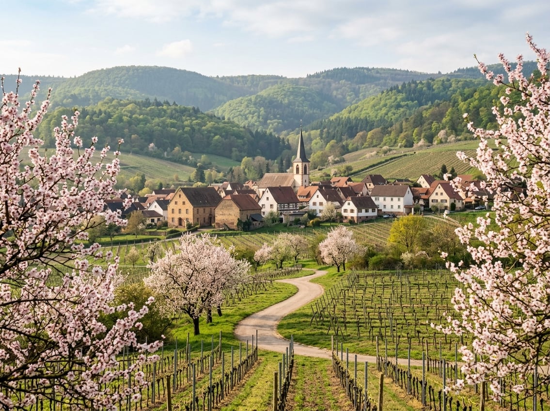 Blühende Mandelbäume und Weinberge vor einem malerischen Dorf am Rand des Pfälzerwaldes.