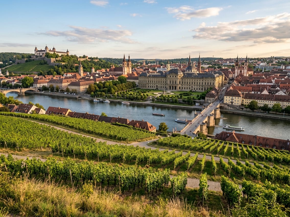 Panoramablick auf Würzburg mit Weinbergen am Würzburger Stein, dem Main und der historischen Residenz.