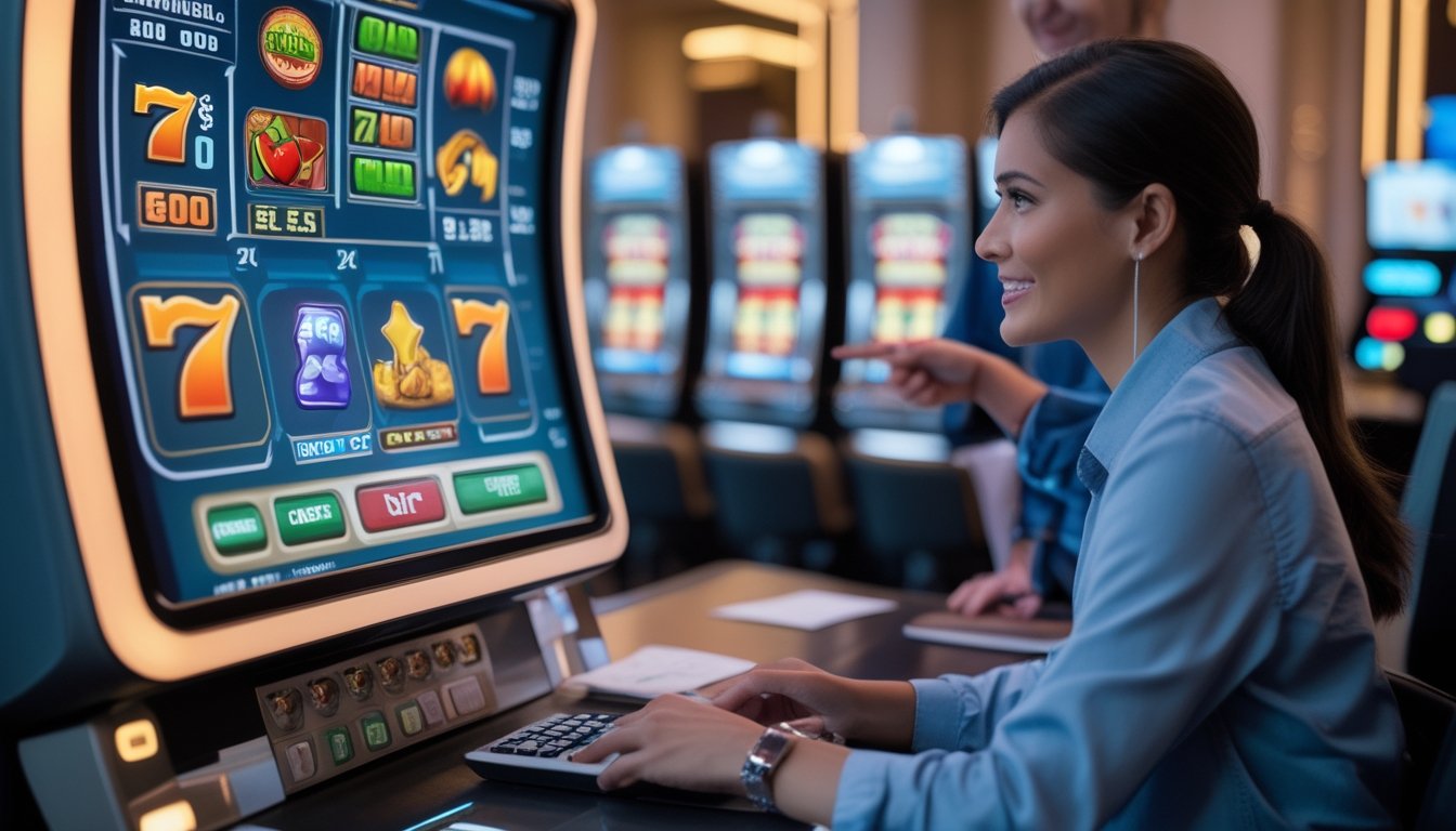 Pemula mempelajari simbol dan tabel pembayaran pada mesin slot bersama seorang pendamping.