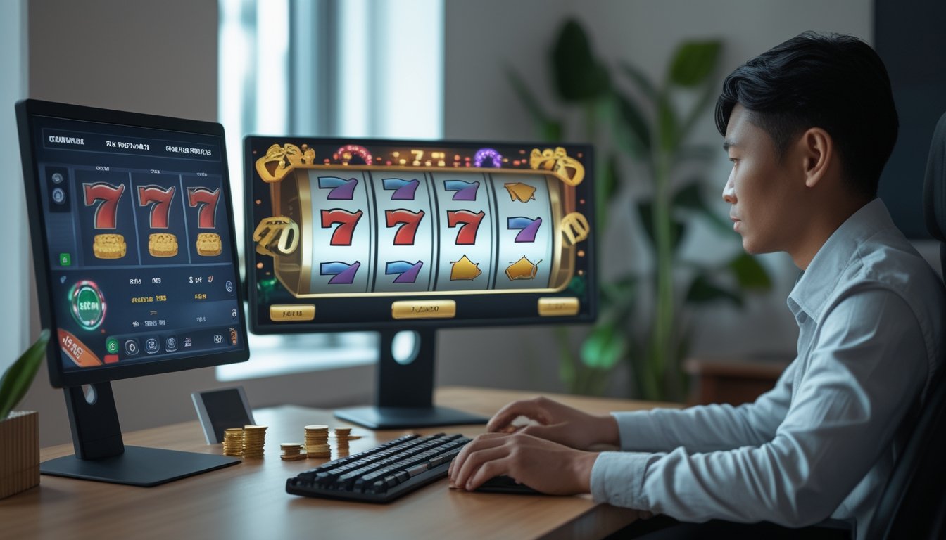 Seorang pemain dewasa memeriksa permainan slot di komputer dengan catatan anggaran dan sejumlah kecil koin di meja.