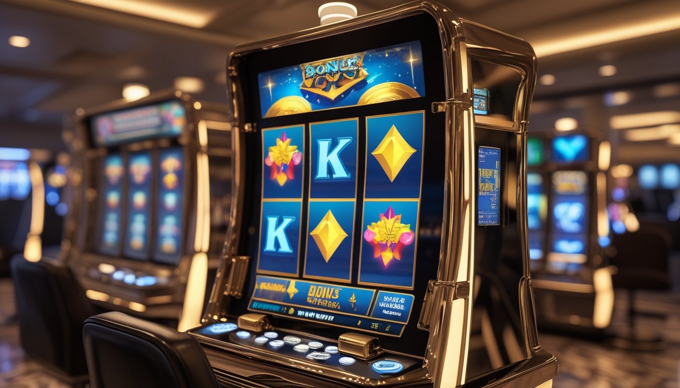 Mesin slot mewah dengan simbol bonus, koin berkilauan, dan efek cahaya di ruang kasino modern.