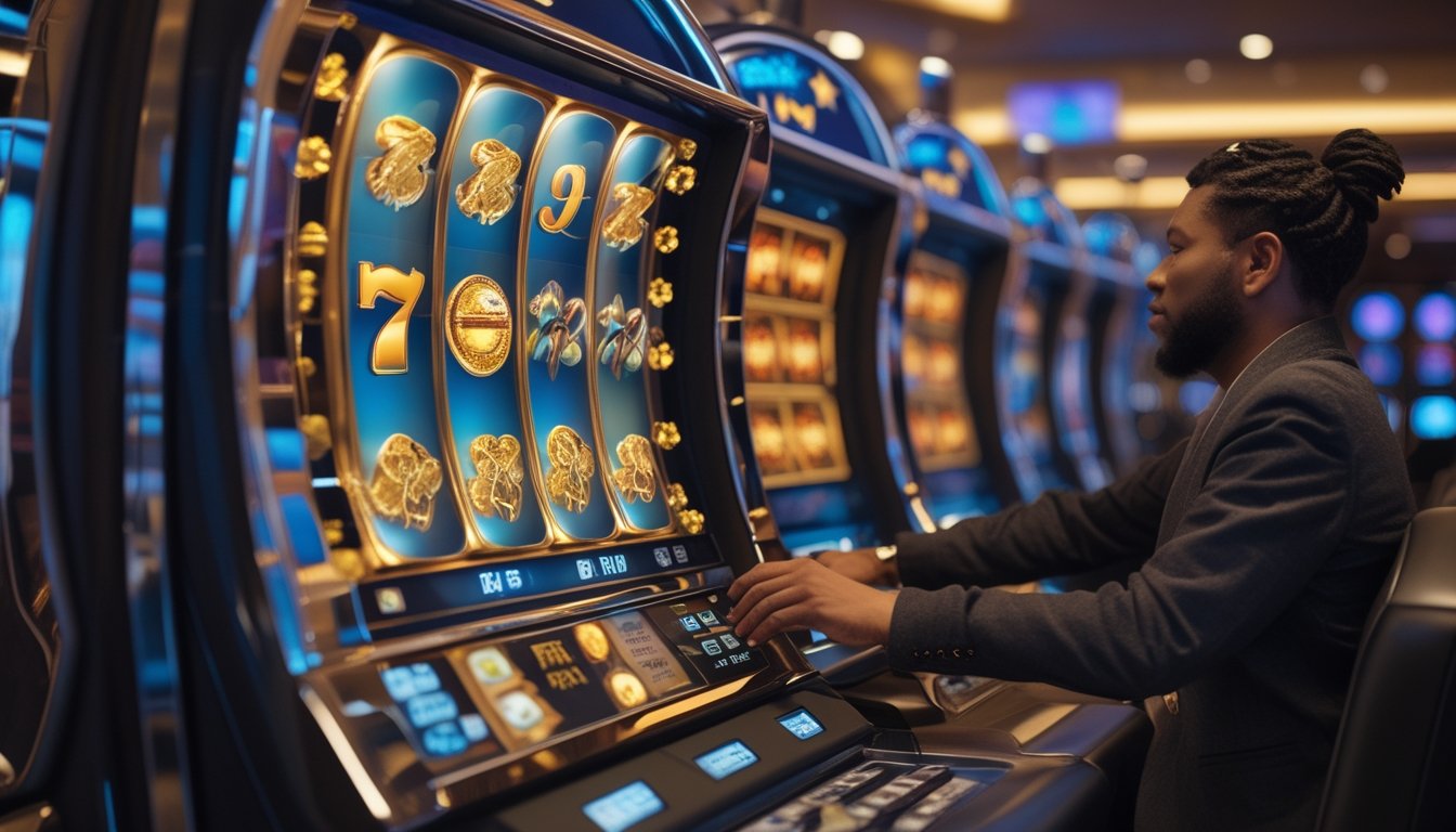 Mesin permainan slot modern menampilkan gulungan simbol warna-warni dan ikon bonus, dengan tangan pemain menyentuh kontrol.