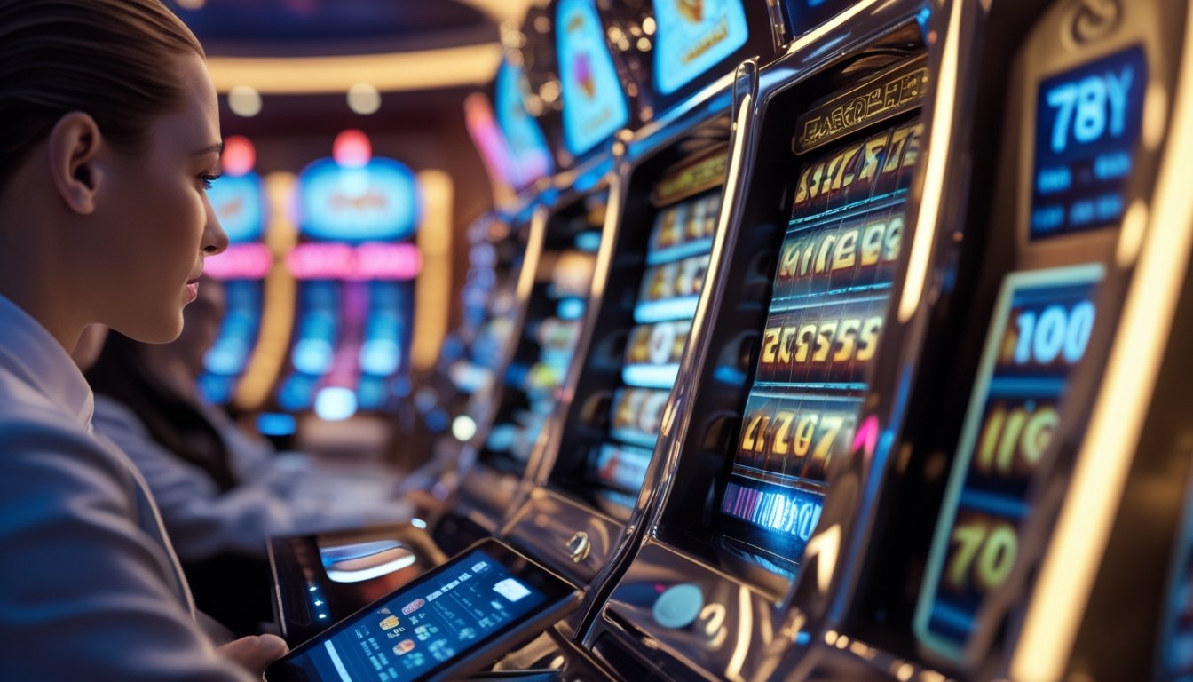 Seorang analis mengamati mesin slot bertema angka tujuh dengan pola data abstrak di lingkungan kasino modern.