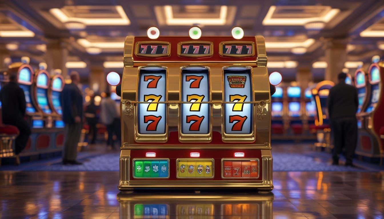Mesin slot klasik berwarna emas di dalam kasino elegan dengan beberapa pemain dewasa di latar belakang.