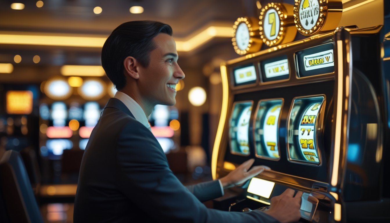 Seorang pemain dewasa menggunakan mesin slot digital bergaya klasik di ruang hiburan yang elegan.
