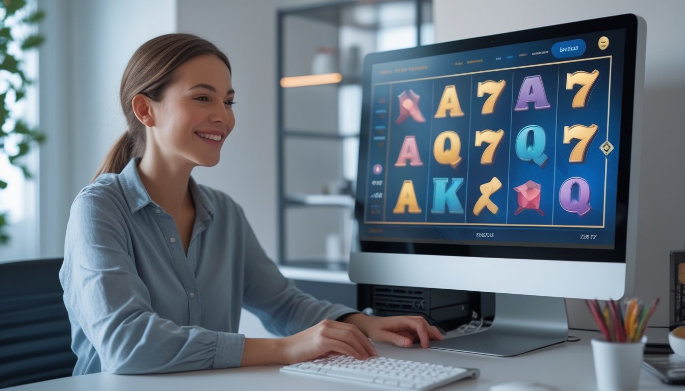 Seorang pemain menggunakan komputer desktop untuk memainkan permainan gulungan digital di ruang kerja yang rapi.
