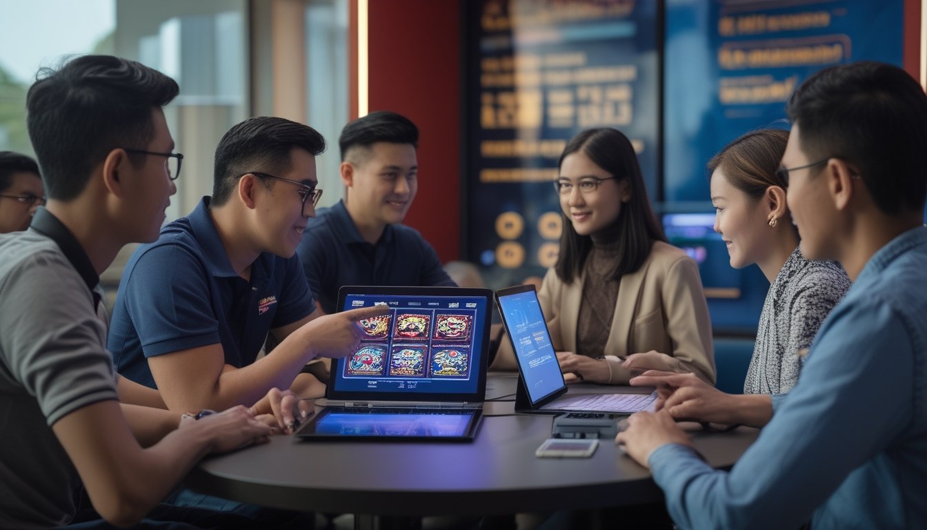 Sekelompok pemain dewasa Indonesia berdiskusi tentang permainan daring menggunakan laptop dan ponsel di ruang modern.
