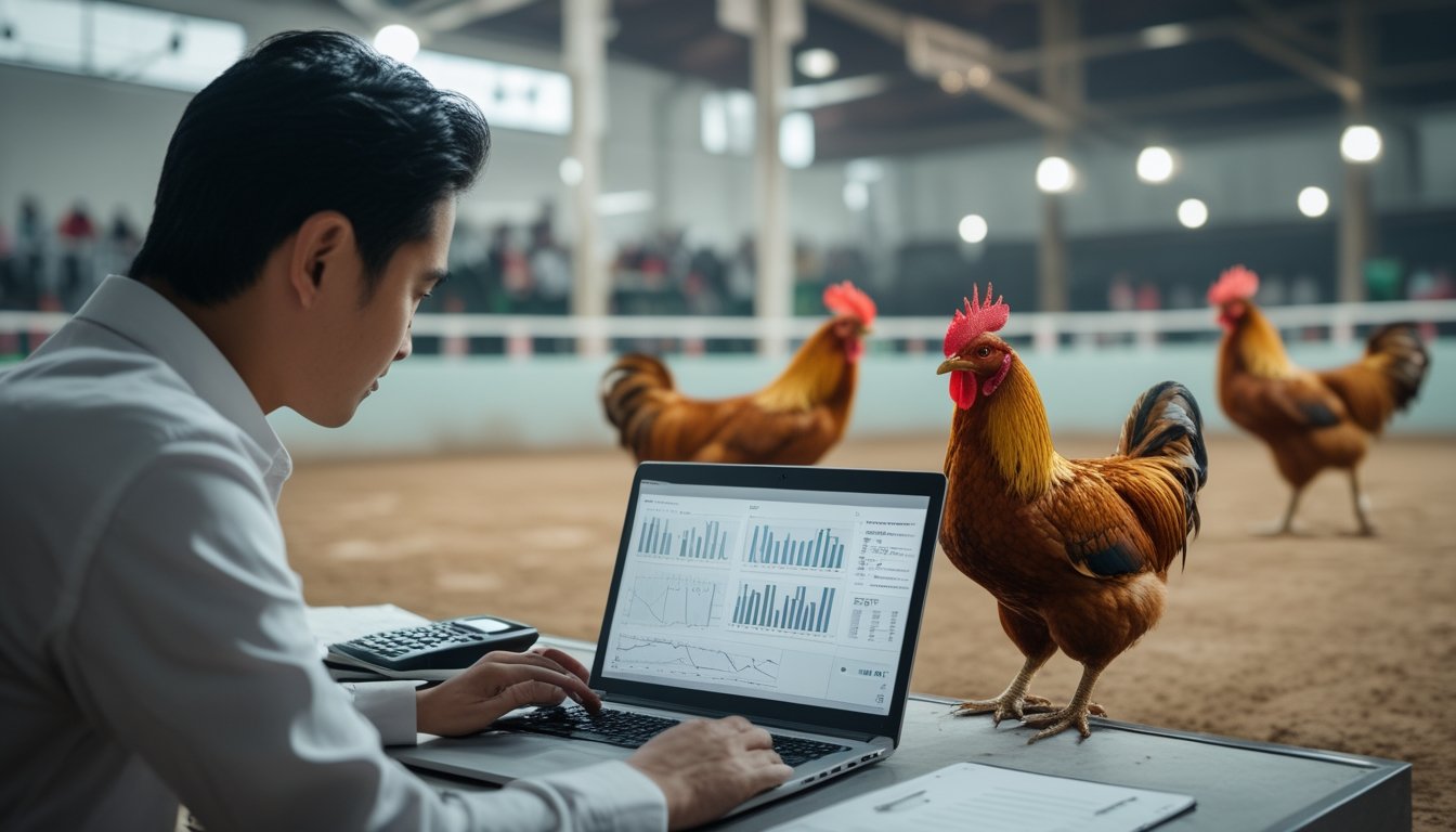 Seorang analis mempelajari grafik data tentang ayam aduan, dengan arena dan beberapa ayam terlihat di latar belakang.