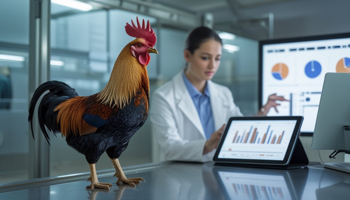 Seekor ayam jantan diamati oleh analis di area pengamatan dengan grafik data abstrak di latar belakang.