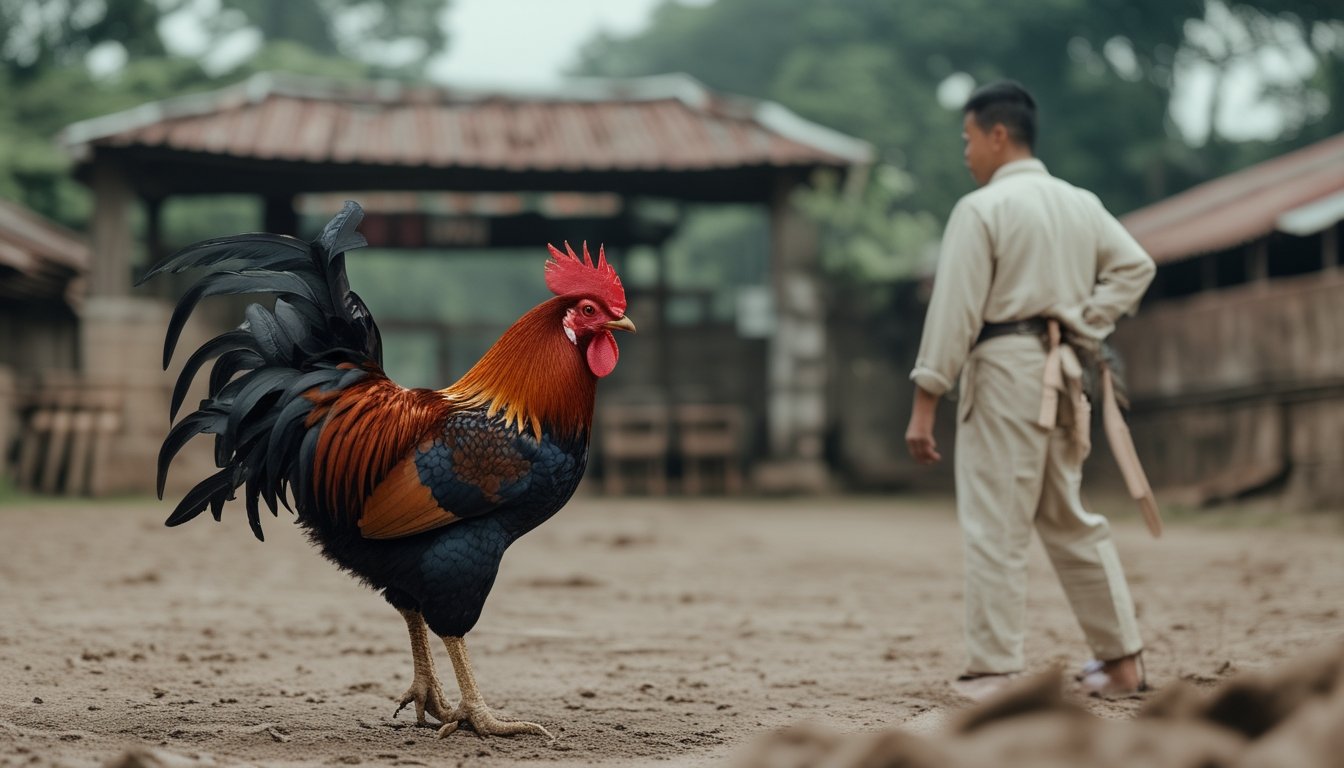 Seorang pengamat memperhatikan gerak-gerik ayam jantan di halaman pedesaan.