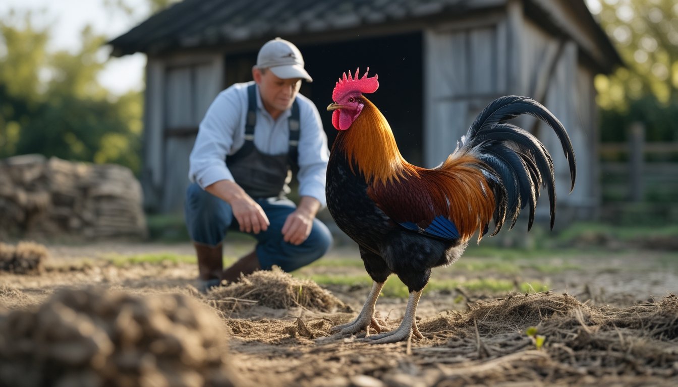 Seekor ayam jantan diamati oleh seorang peternak di halaman kandang yang bersih.