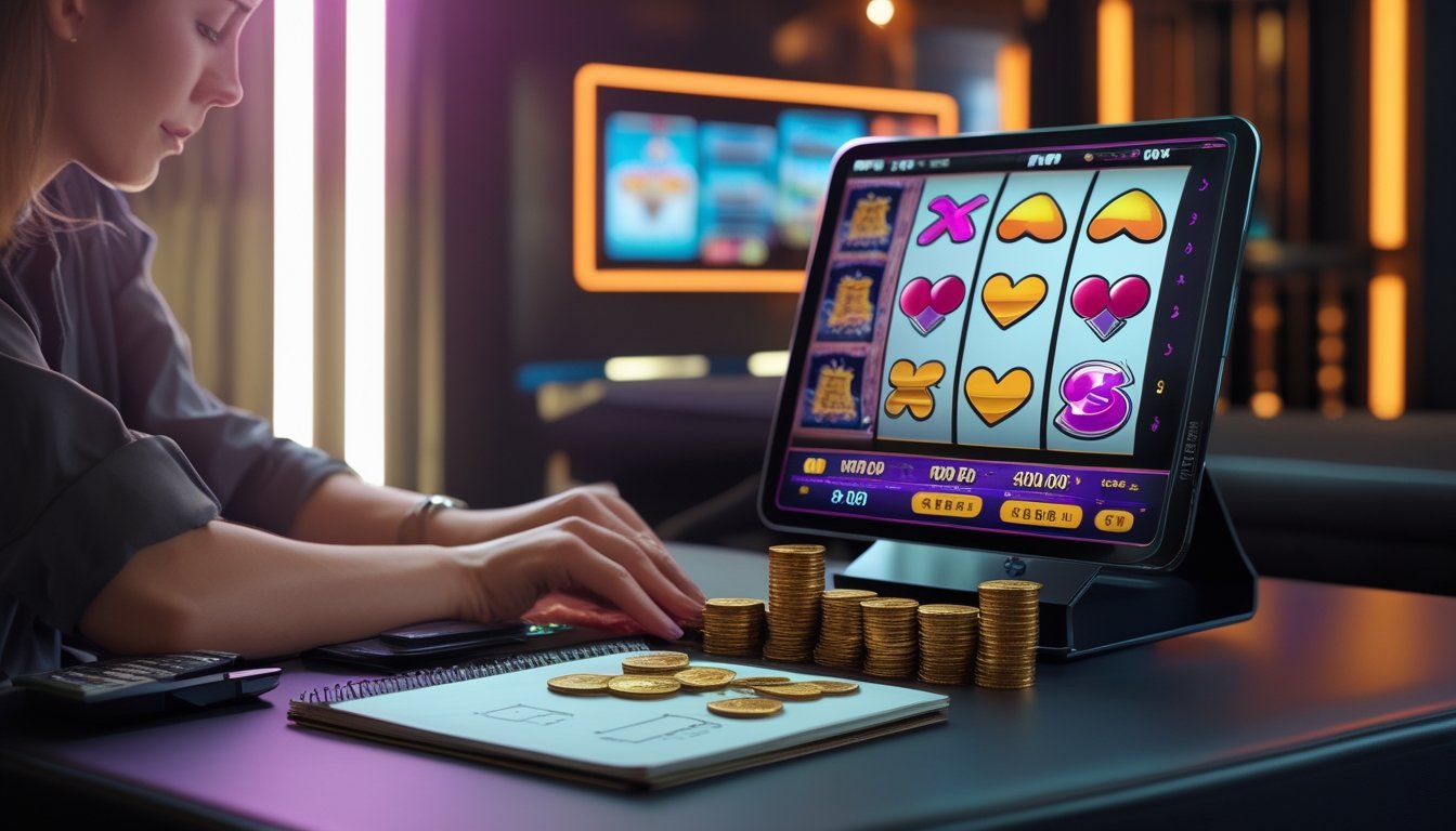 Seorang pemain dewasa meninjau dana kecil dan permainan slot bergaya retro di meja dengan suasana lounge yang nyaman.