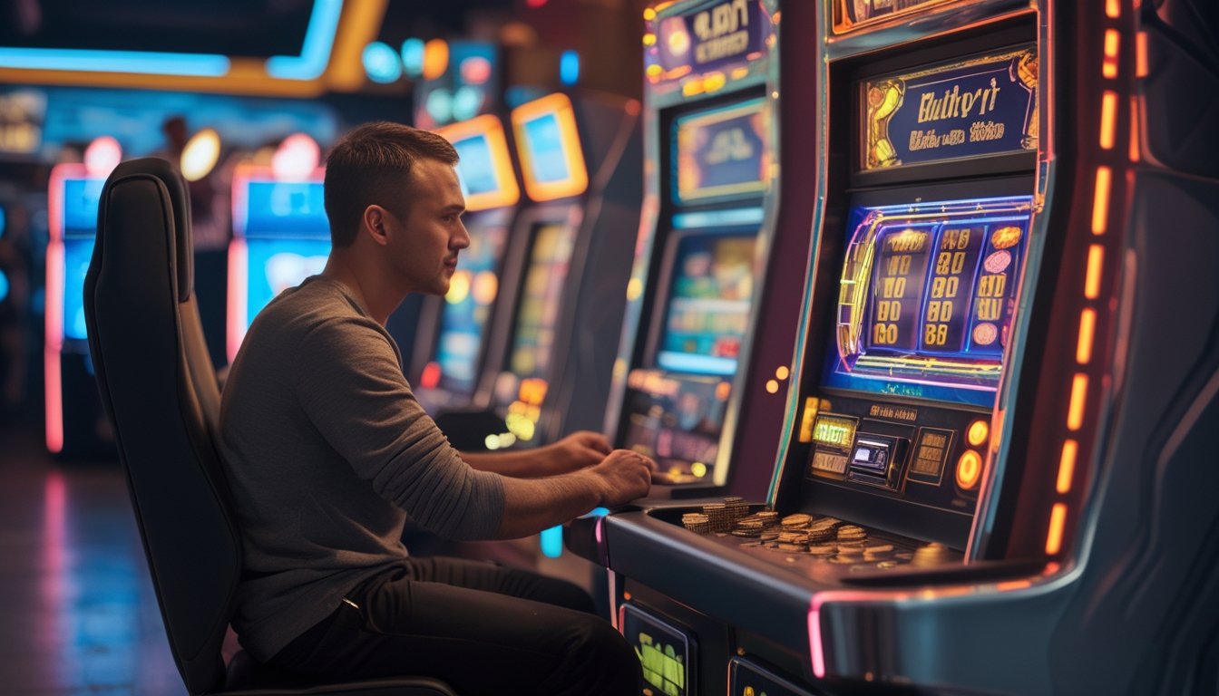 Seseorang bermain mesin slot bergaya retro dengan sejumlah kecil koin di ruang permainan yang bercahaya neon.
