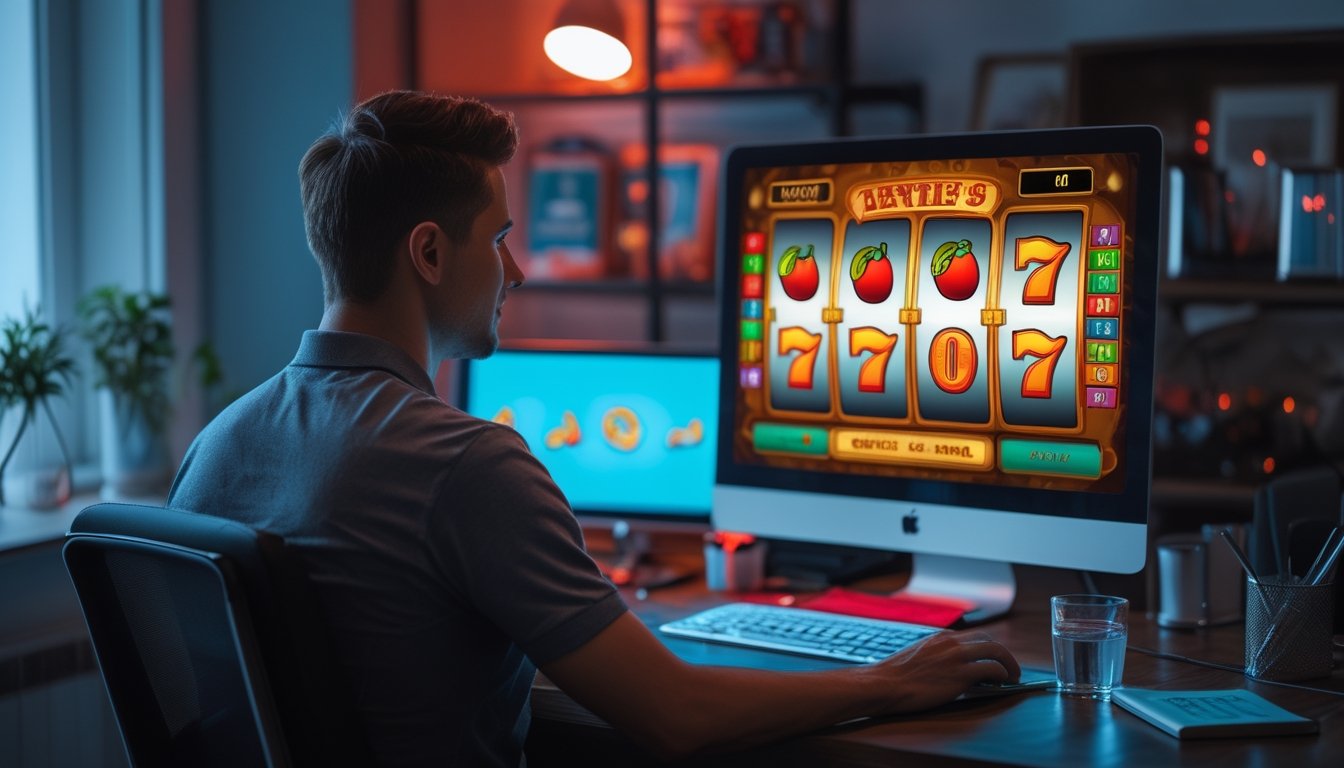 Orang dewasa bermain permainan slot bergaya retro di meja kerja dengan laptop, ponsel, dan buku catatan.