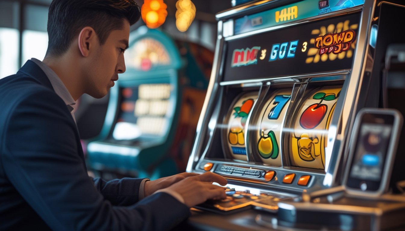 Seorang pemain mempelajari mesin slot bertema retro di ruang permainan modern.