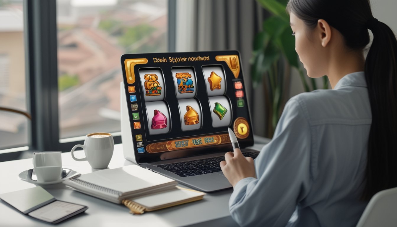 Seorang pemula mempelajari permainan mesin slot bergaya retro di laptop dengan catatan kosong di meja.