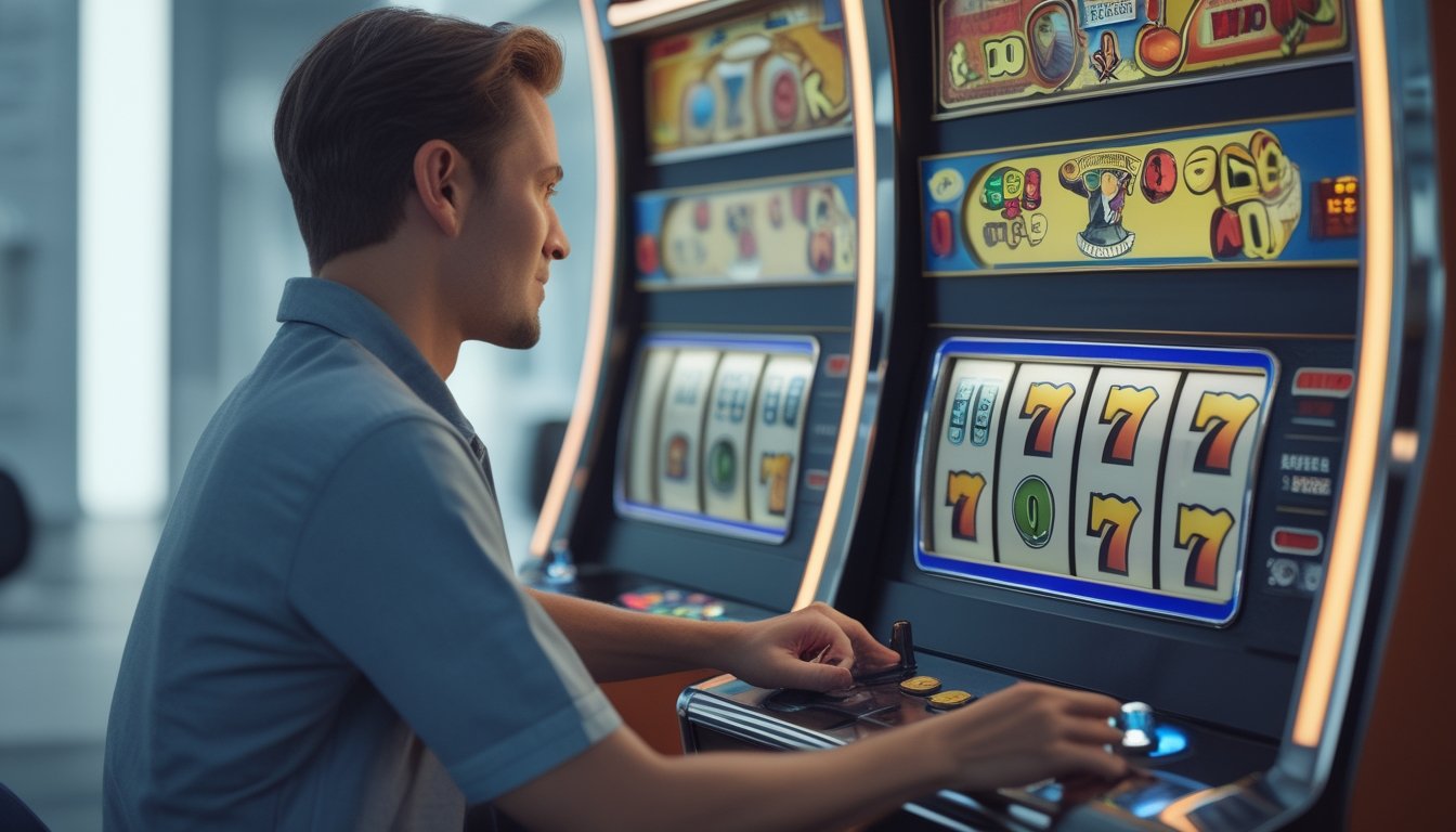 Seorang pemula mempelajari cara memainkan mesin slot gulungan retro di ruang hiburan.