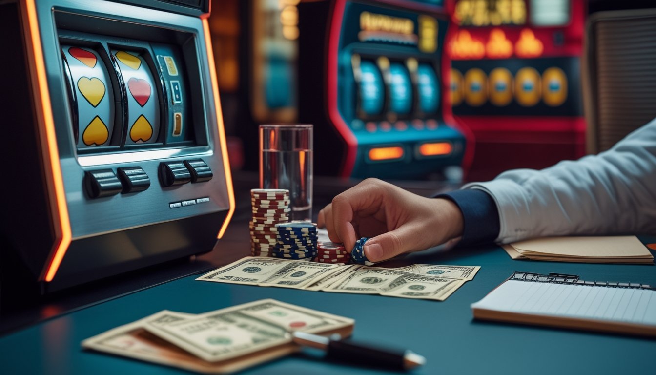 Mesin slot retro dengan tumpukan chip, uang, kalkulator, dan buku catatan yang tertata rapi di atas meja.