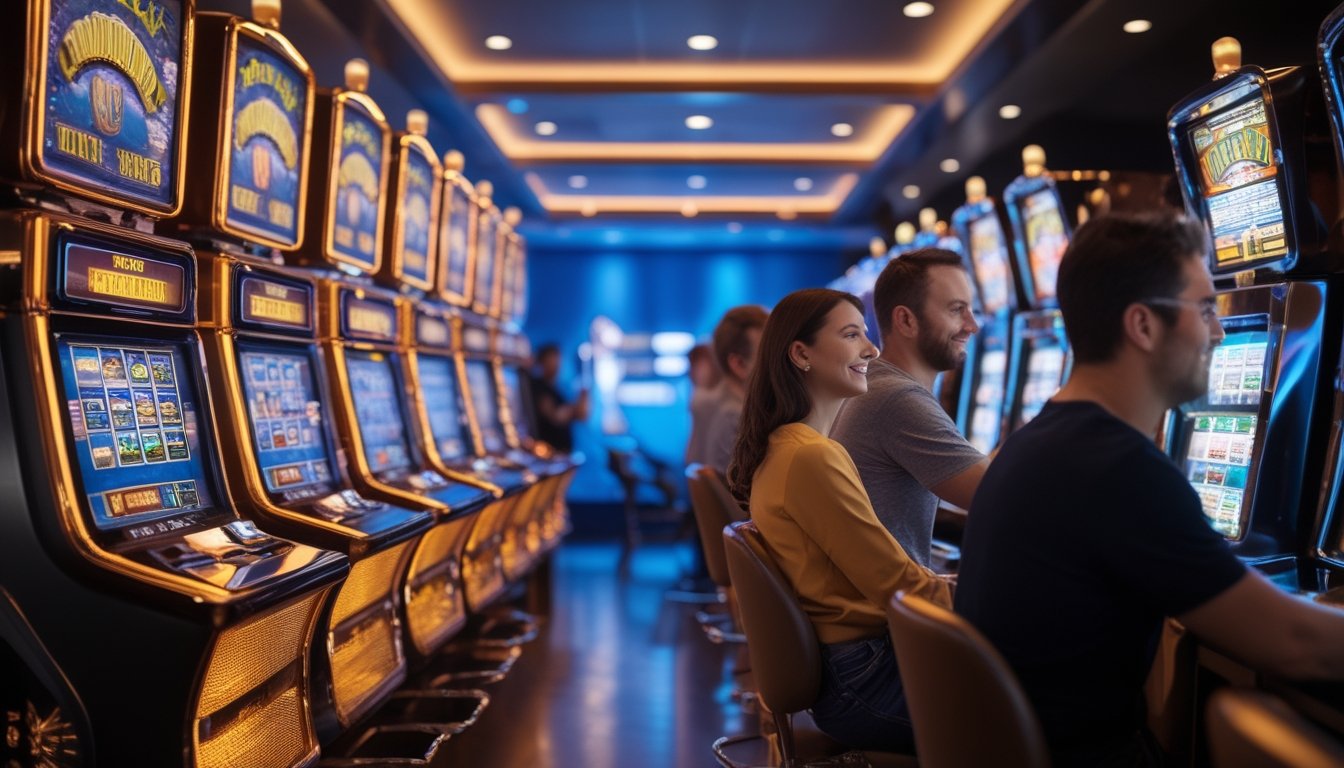 Orang dewasa menikmati mesin slot bergaya retro di kasino dengan mesin modern terlihat di latar belakang.