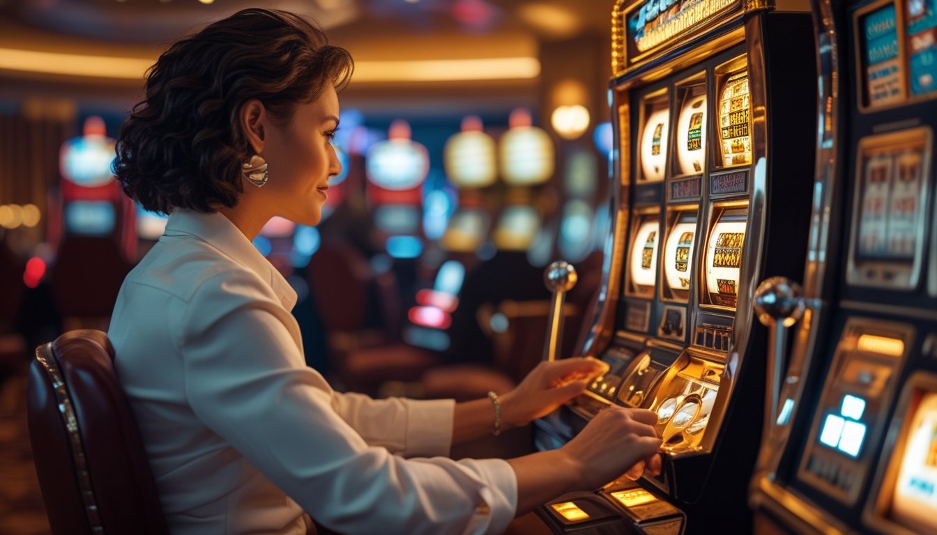 Seorang pemain dewasa menikmati mesin slot bergaya retro di dalam kasino yang elegan.