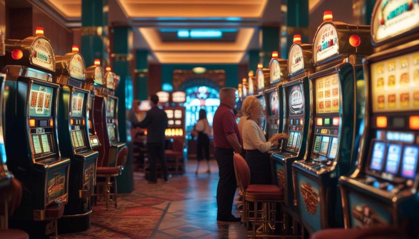 Pengunjung menikmati suasana ruang permainan retro dengan mesin slot klasik yang berwarna-warni.