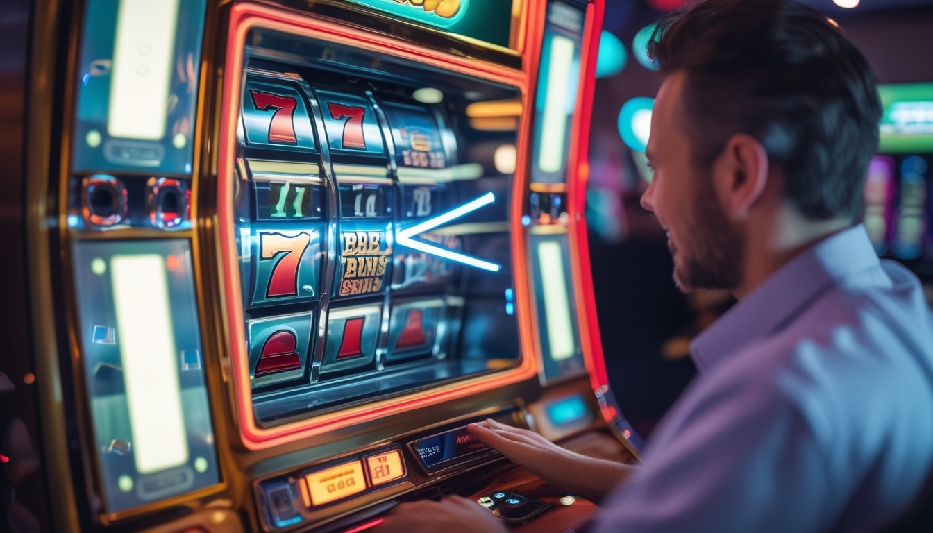 Seorang pemain dewasa menggunakan mesin slot bertema retro dengan cahaya warna-warni di lingkungan kasino.