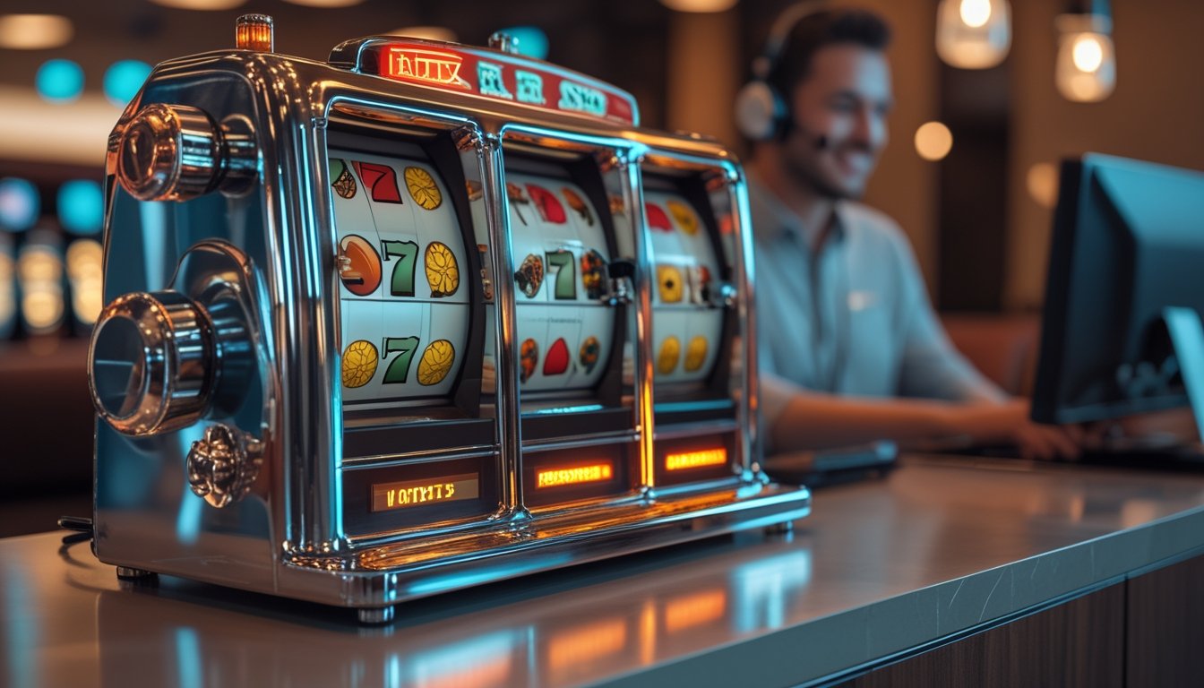 Mesin slot bergaya retro berada di ruang hiburan modern dengan petugas layanan pelanggan menggunakan headset di latar belakang.