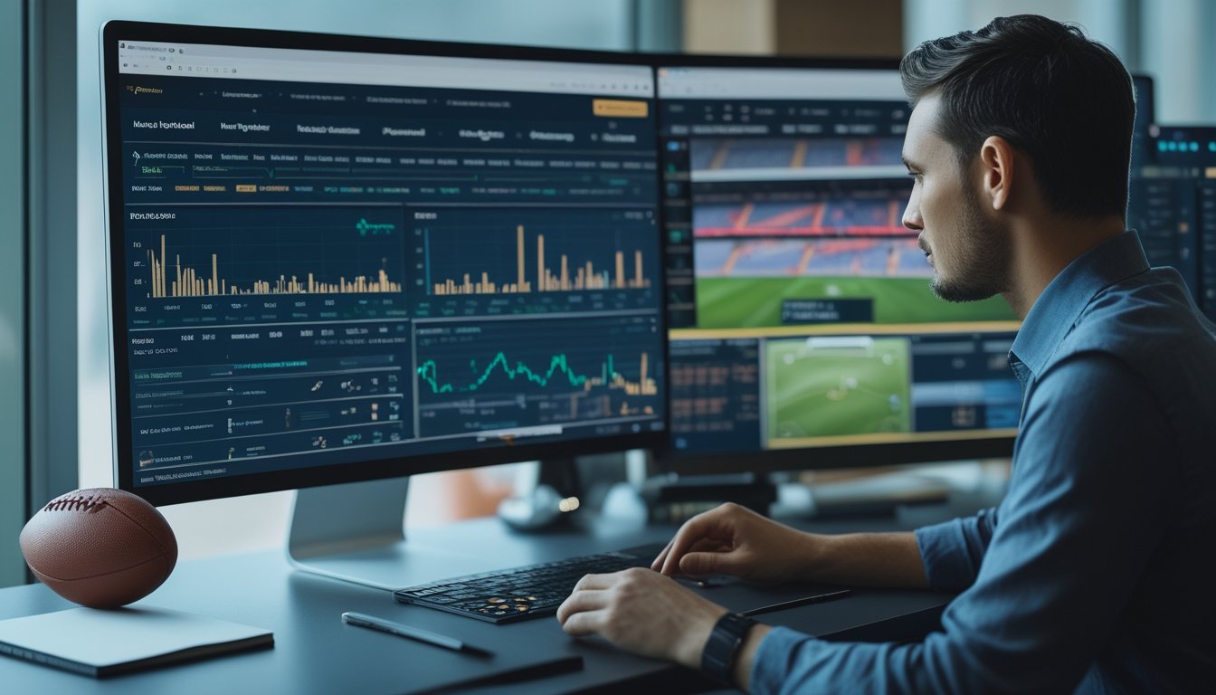 Seseorang menganalisis statistik pemain sepak bola di laptop dengan bola dan perlengkapan kerja di atas meja.