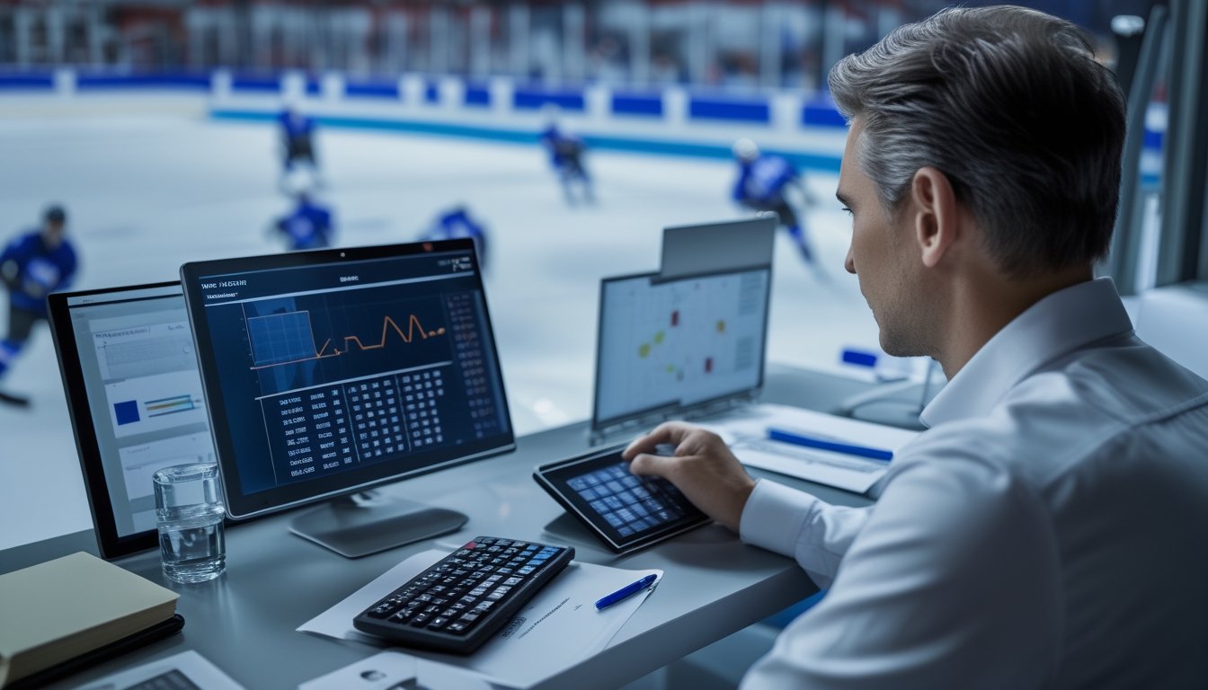 Seorang analis mempelajari data taruhan olahraga di meja kerja dengan arena hoki es yang tampak samar di latar belakang.